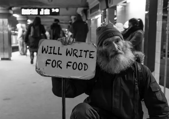 Man holding sign, "Will write for food."